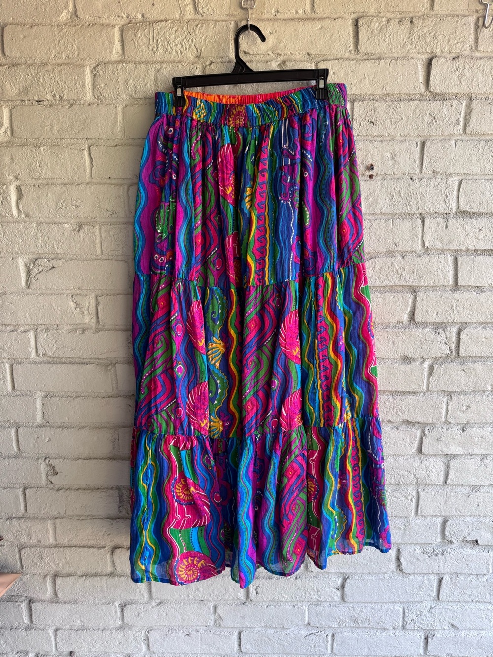 Boho Romantic Resort Beach Tiered Maxi Skirt Bright Multi-Color Sz L Reversible